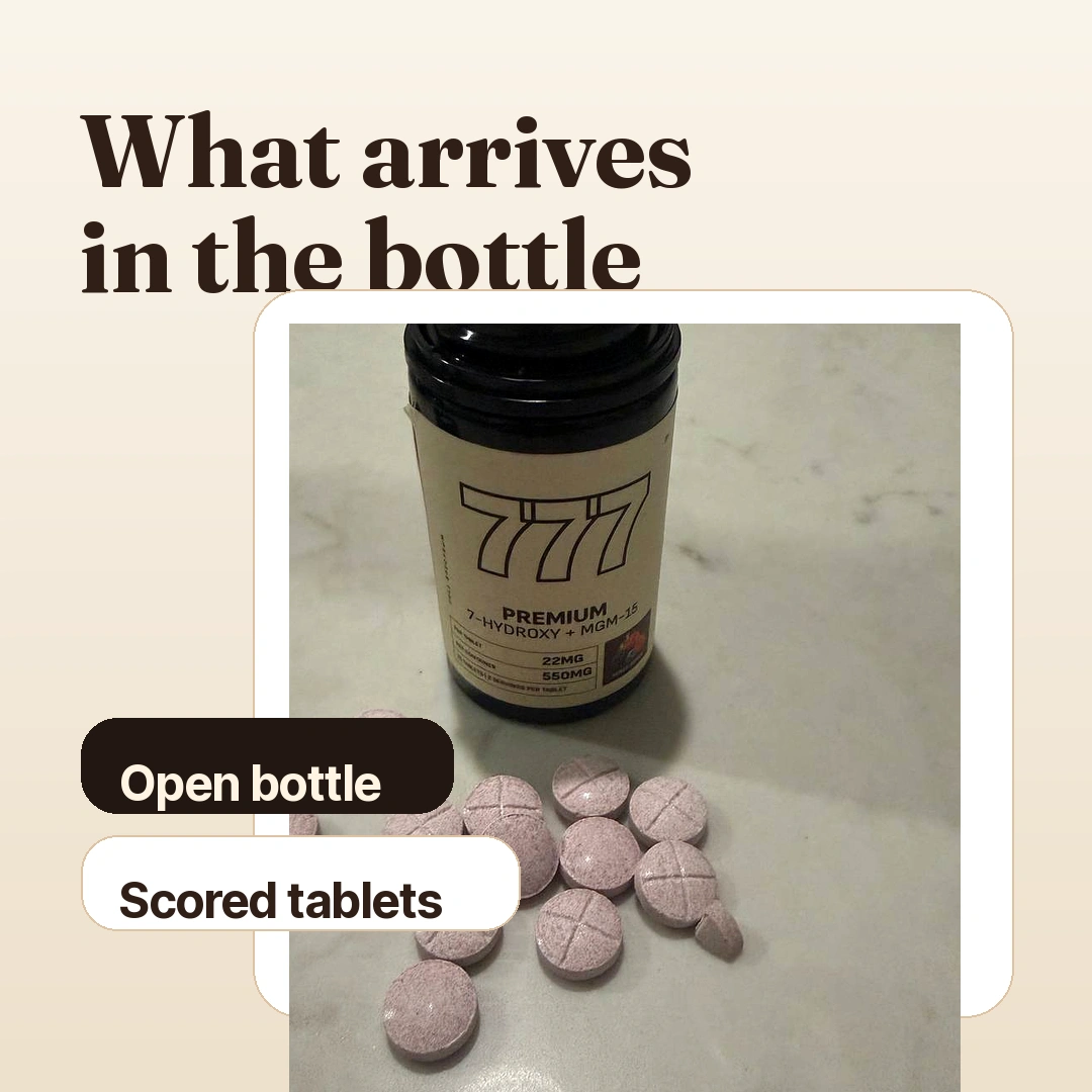 Open 777 bottle with scored tablets