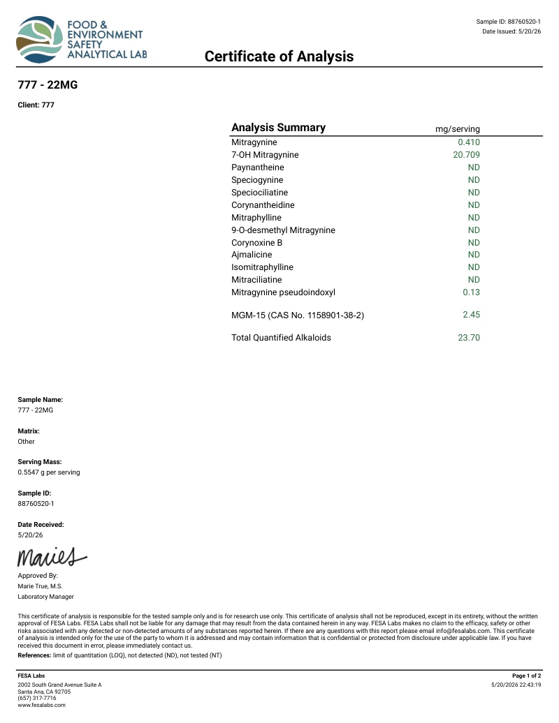 FESA Labs certificate of analysis for 777 22MG, batch 88760520-1