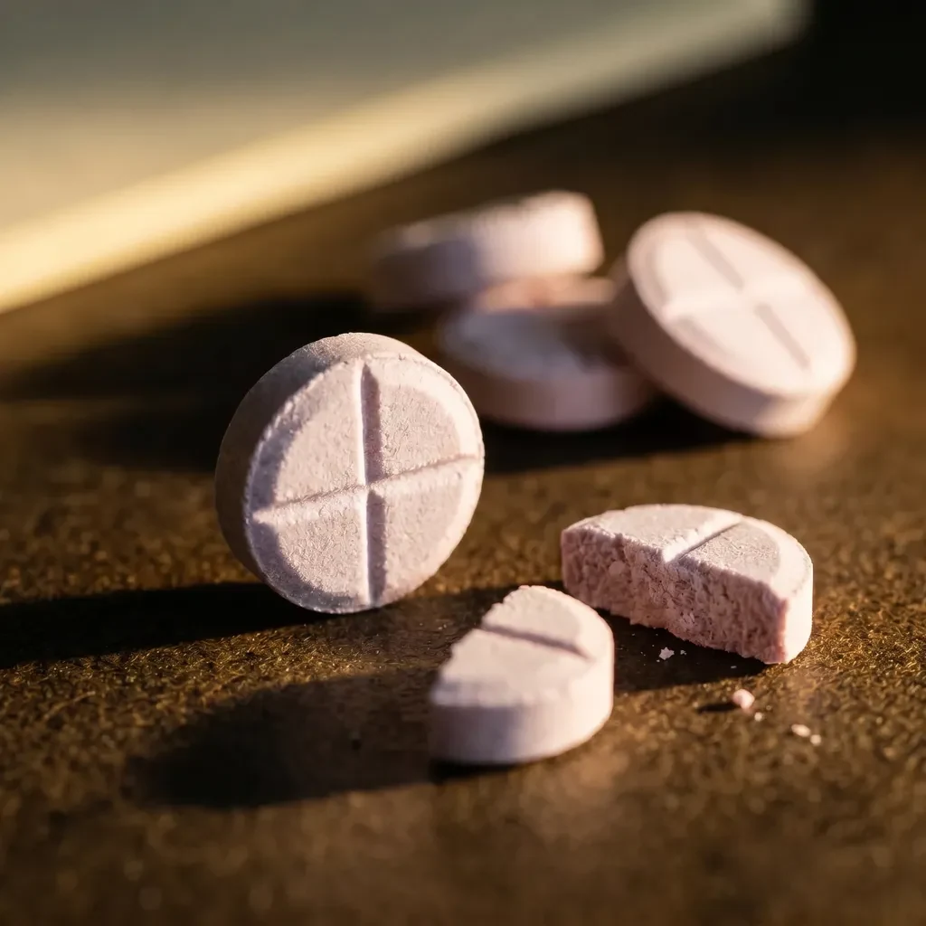 Macro photo of a cross-scored mixed berry 777 tablet